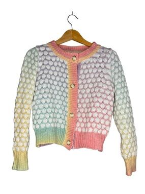 SHEIN LUNE Pastel Rainbow Ombre Bubble Knit Cardigan Sweater Small S